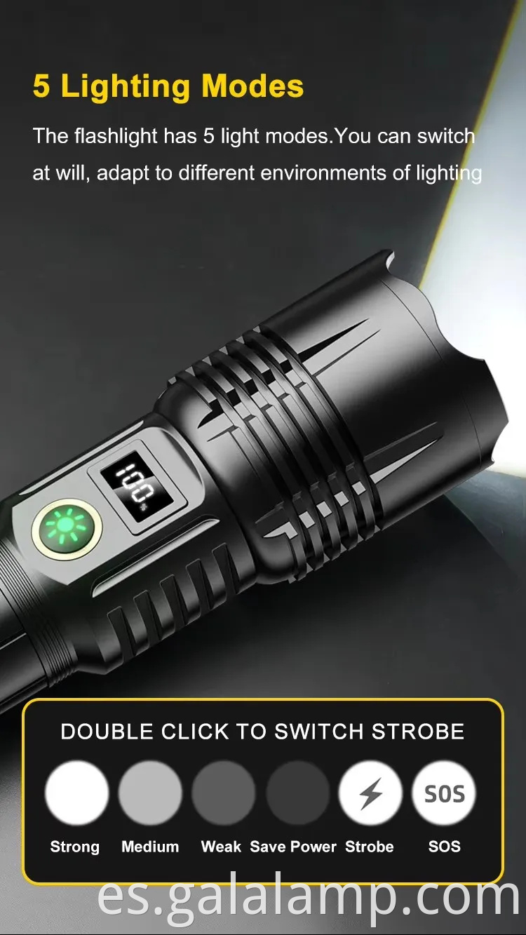 Zoom de alta potencia, pantalla digital de luz fuerte de luz multifuncional, linterna ajustable de nivel múltiple